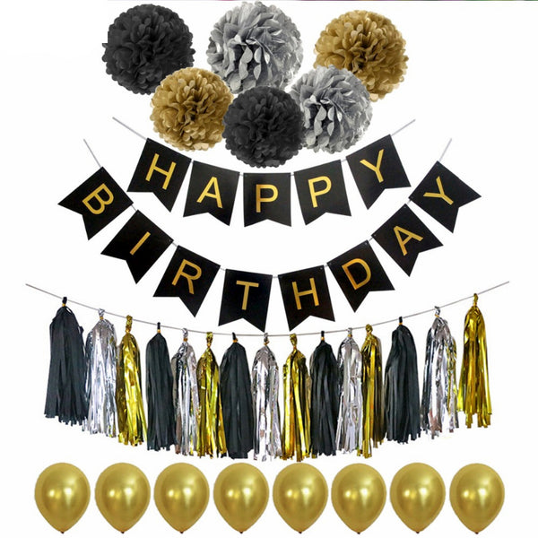 Happy Birthday Banner Tassel Pom Poms Birthday Party Decoration