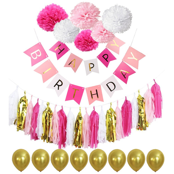 Happy Birthday Banner Tassel Pom Poms Birthday Party Decoration