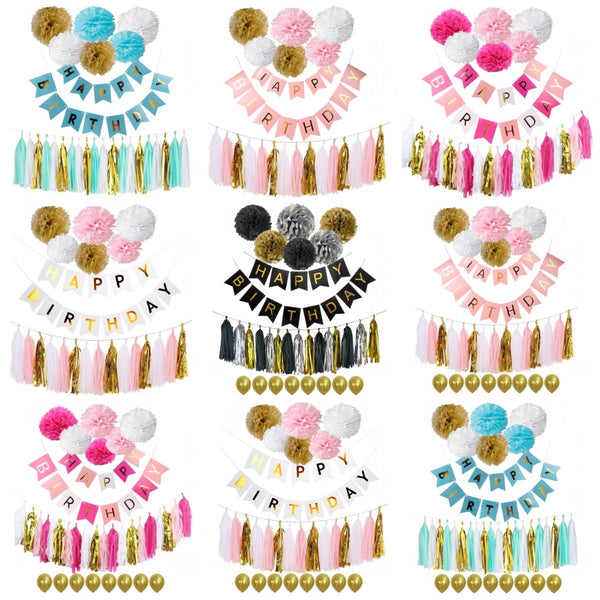 Happy Birthday Banner Tassel Pom Poms Birthday Party Decoration