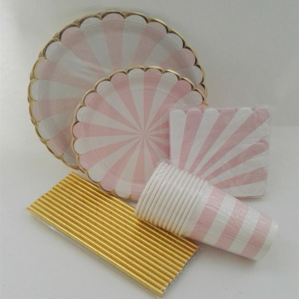 Gold and Pink Striped Disposable Paper Tableware Set