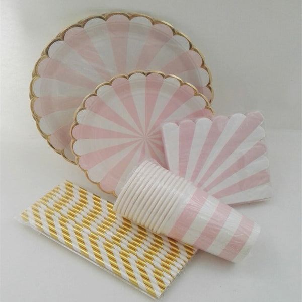 Gold and Pink Striped Disposable Paper Tableware Set