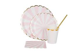 Gold and Pink Striped Disposable Paper Tableware Set