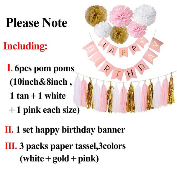 Happy Birthday Banner Tassel Pom Poms Birthday Party Decoration