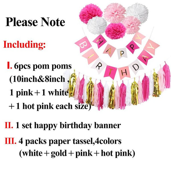 Happy Birthday Banner Tassel Pom Poms Birthday Party Decoration