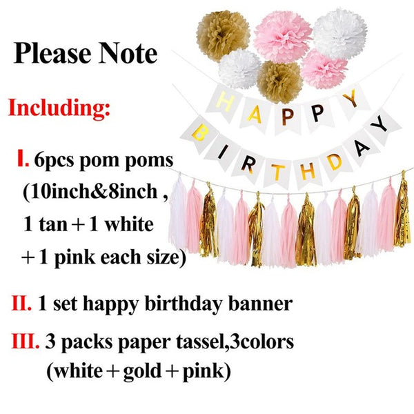 Happy Birthday Banner Tassel Pom Poms Birthday Party Decoration