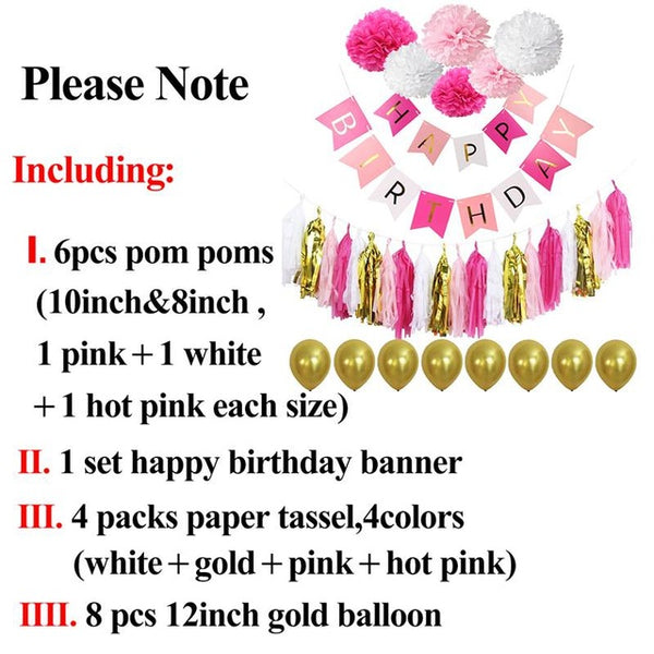 Happy Birthday Banner Tassel Pom Poms Birthday Party Decoration