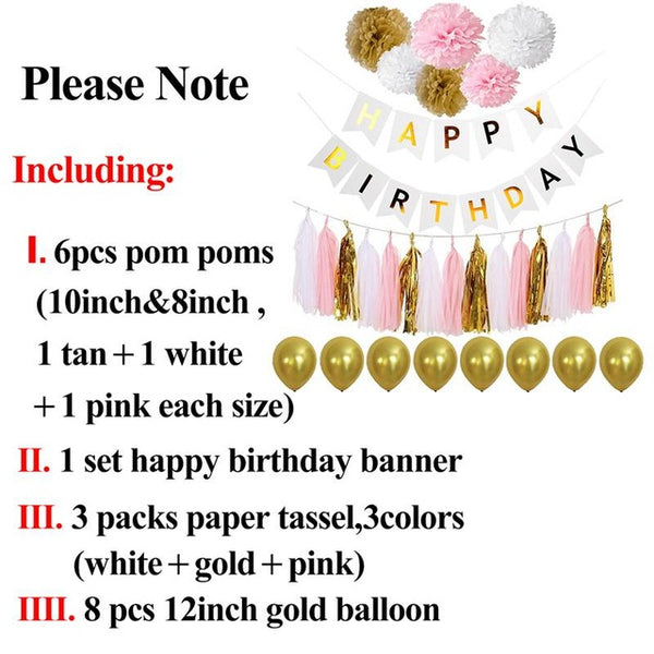 Happy Birthday Banner Tassel Pom Poms Birthday Party Decoration